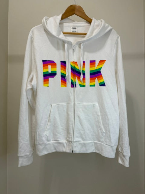 PINK Rainbow Logo Full Zip White Hoodie SzXL NWOT