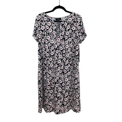 NWT MSK Women Navy 70s Style Floral Dress Size 1X – White & Pink Flower Print