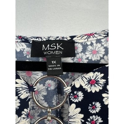 NWT MSK Women Navy 70s Style Floral Dress Size 1X – White & Pink Flower Print
