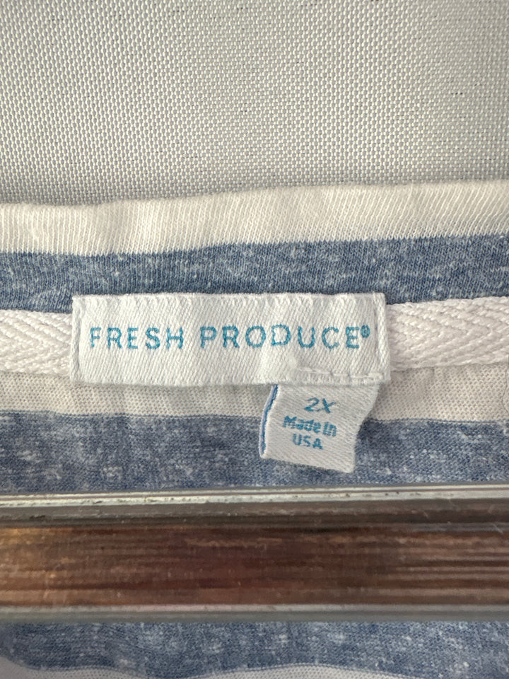 Women’s Fresh Produce 2X Blue &amp; White Striped Long Sleeve Shirt