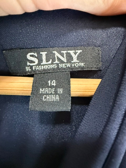 SLNY Fit &amp; Flare Navy Cocktail Dress Embroidered Tulle Skirt Sz14