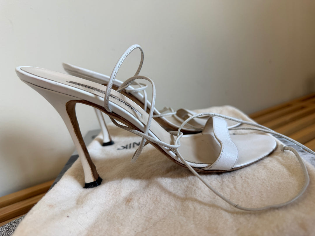 Manolo Blahnik White Leather Lace-Up Sandals Heels Size 37.5