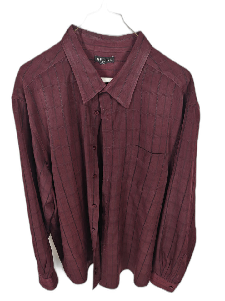 George Men's 2XL Burgundy Windowpane Long Sleeve Button Front Shirt Size 50-52