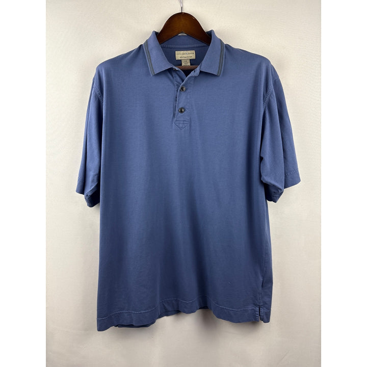 Men’s Vintage Cutter & Buck Large Blue Polo Shirt w/ Black Stripes on Collar