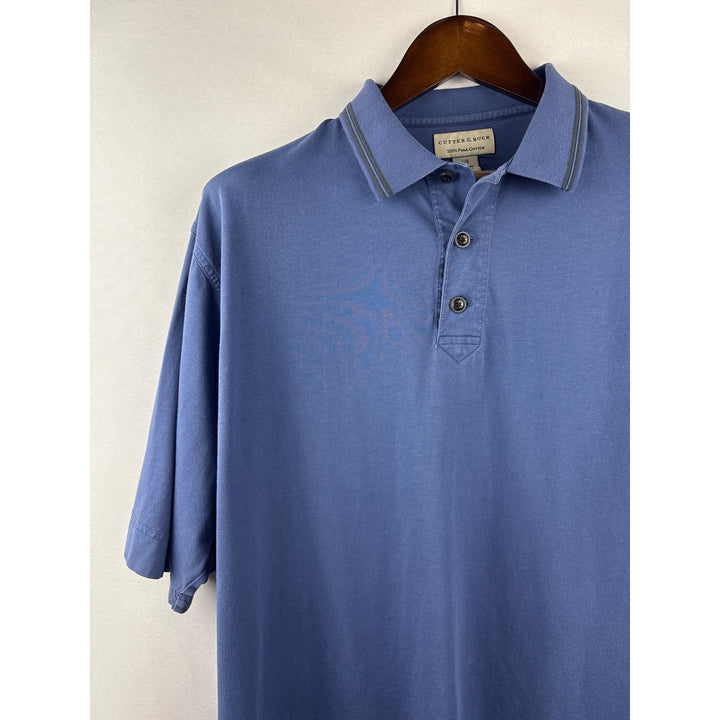 Men’s Vintage Cutter & Buck Large Blue Polo Shirt w/ Black Stripes on Collar