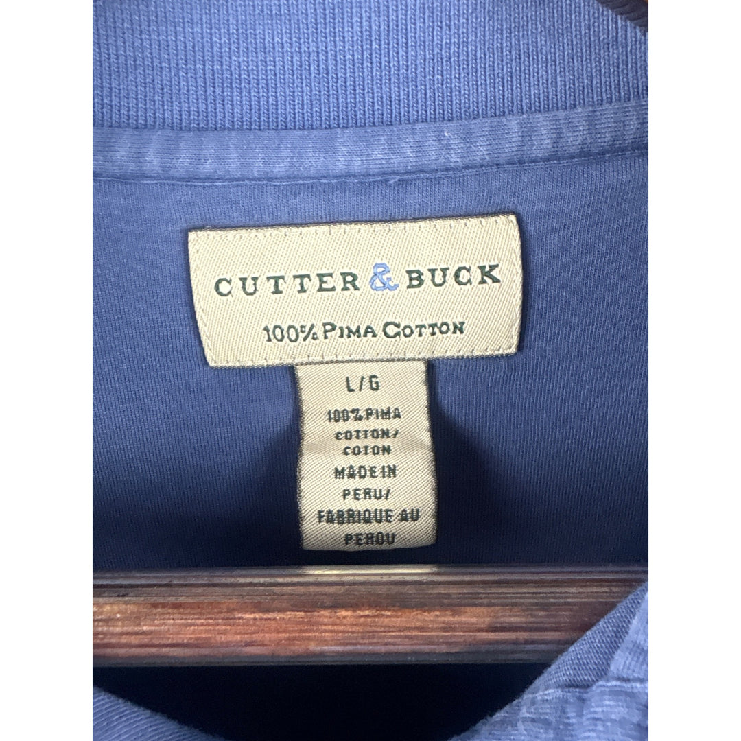 Men’s Vintage Cutter & Buck Large Blue Polo Shirt w/ Black Stripes on Collar