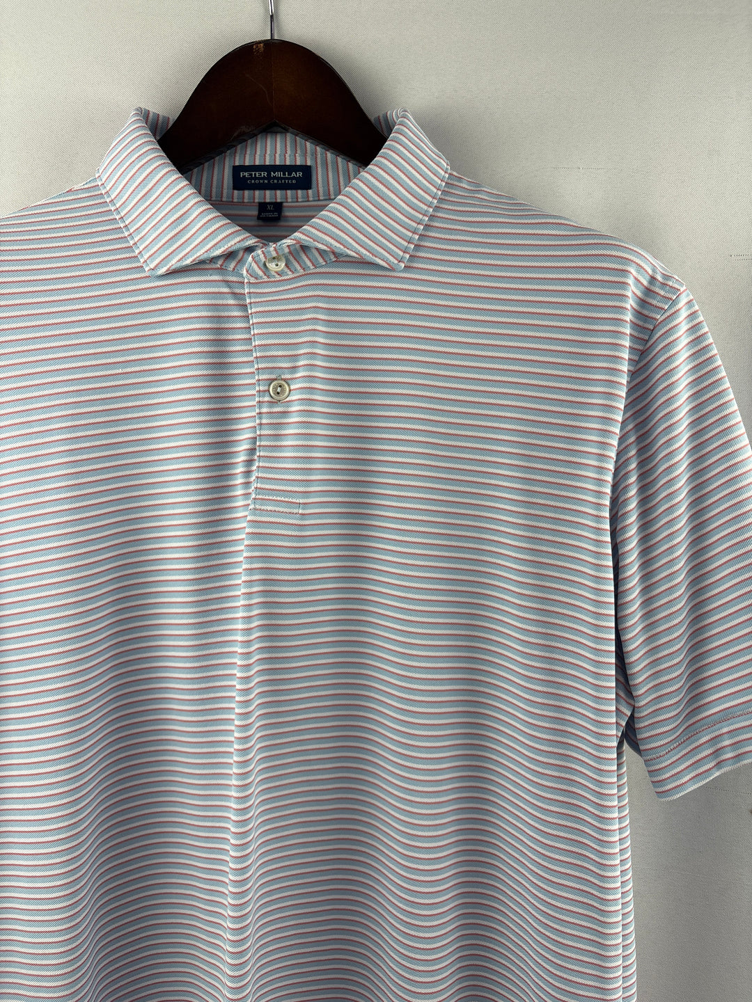 Men’s Peter Millar XL Blue White and Salmon Striped Golf Polo