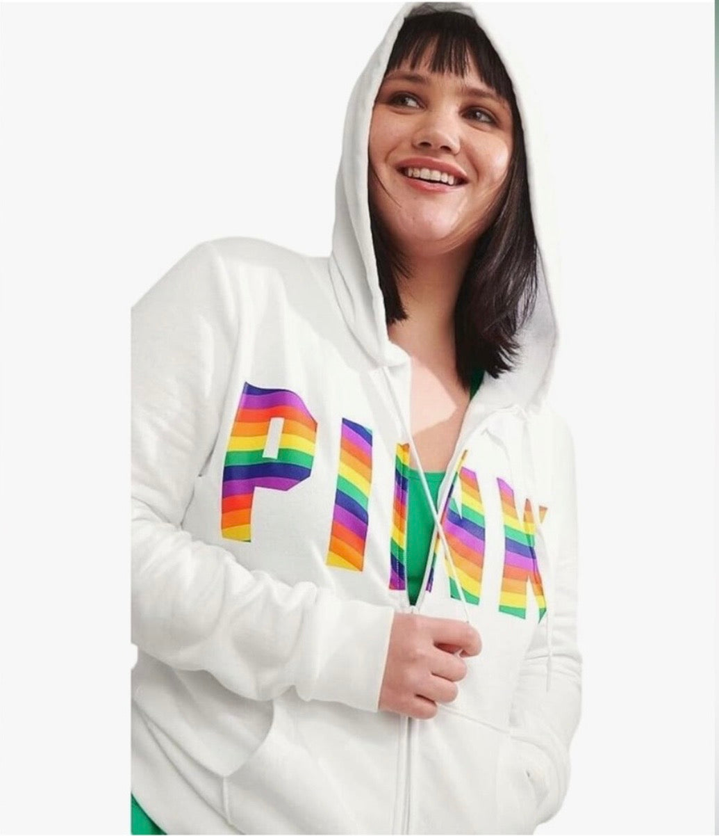 PINK Rainbow Logo Full Zip White Hoodie SzXL NWOT