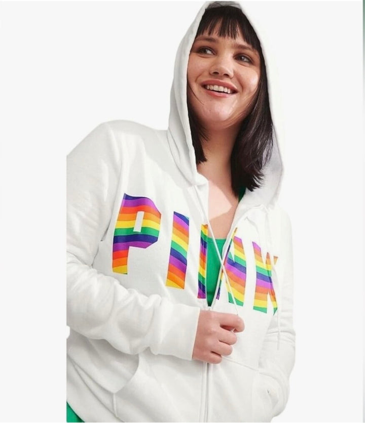 PINK Rainbow Logo Full Zip White Hoodie SzXL NWOT