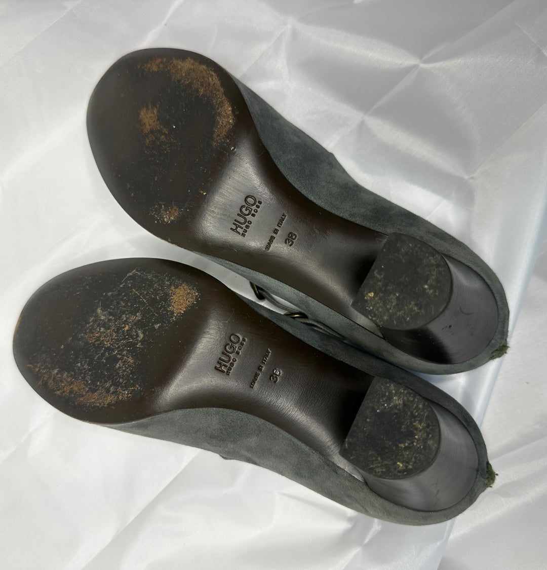 Hugo Boss Taupe Suede Mary Jane Block Heels