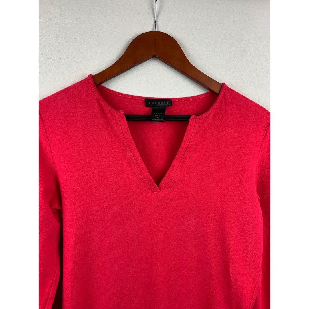 Express V-Neck Long Sleeve Top Womens S Pink Red