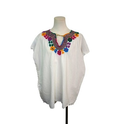 Women’s Handmade White Shirt with Colorful Embroidery Flowers. No Size