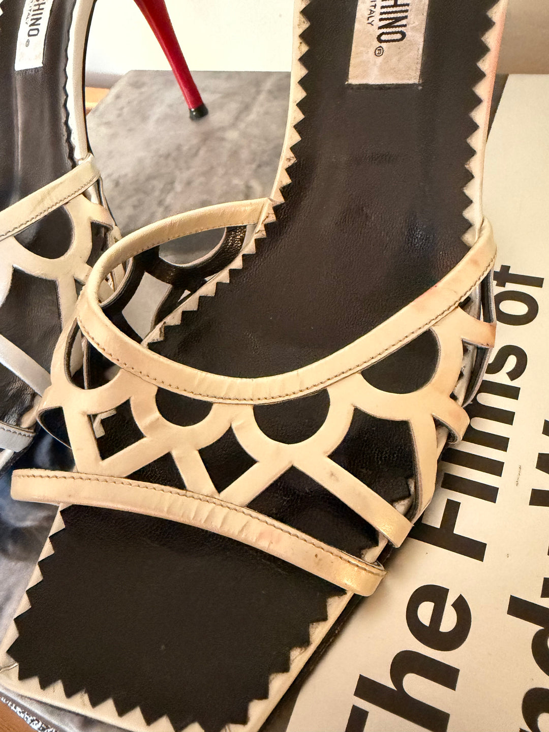 Vintage Moschino White Leather Cutout Slide Sandals Red Stiletto Heels EU 38 Made in Italy