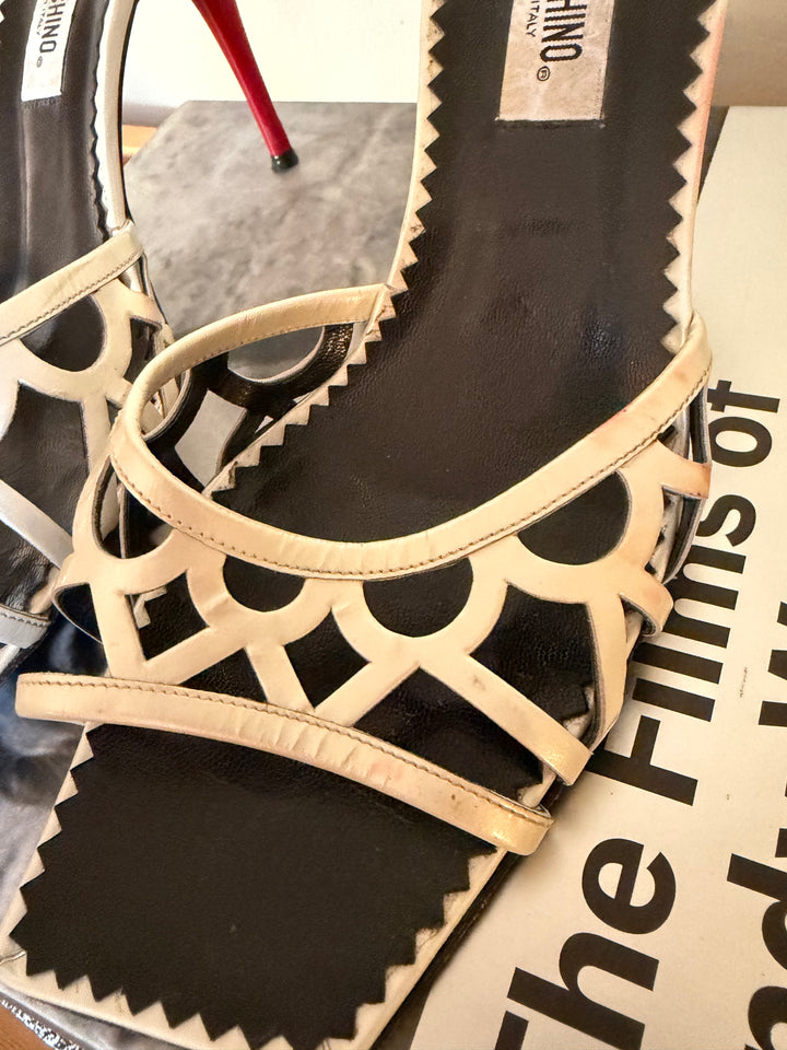 Vintage Moschino White Leather Cutout Slide Sandals Red Stiletto Heels EU 38 Made in Italy