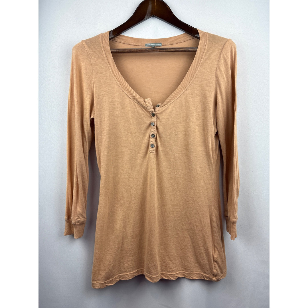 Women’s James Perse Size 4 Long Sleeve Light Brown Henley Shirt