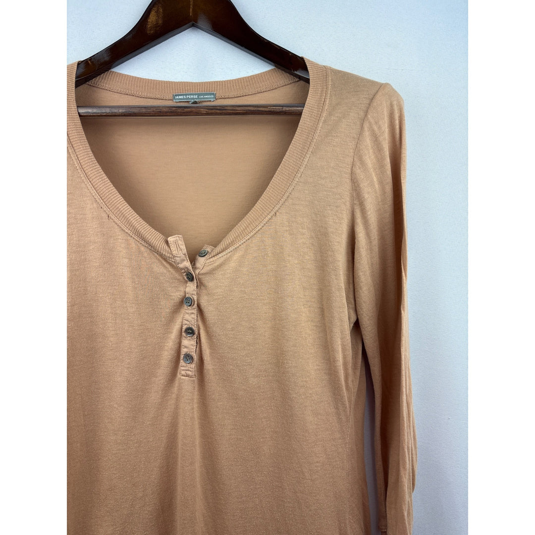 Women’s James Perse Size 4 Long Sleeve Light Brown Henley Shirt