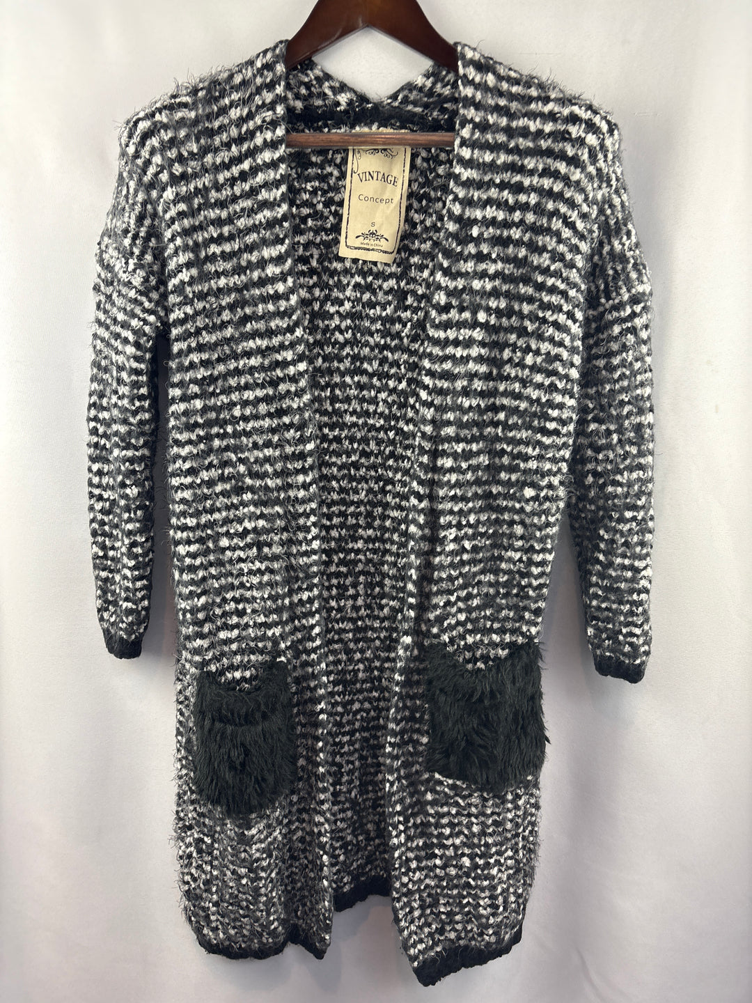 Women’s Vintage Concept Small Black &amp; White Fuzzy Cardigan