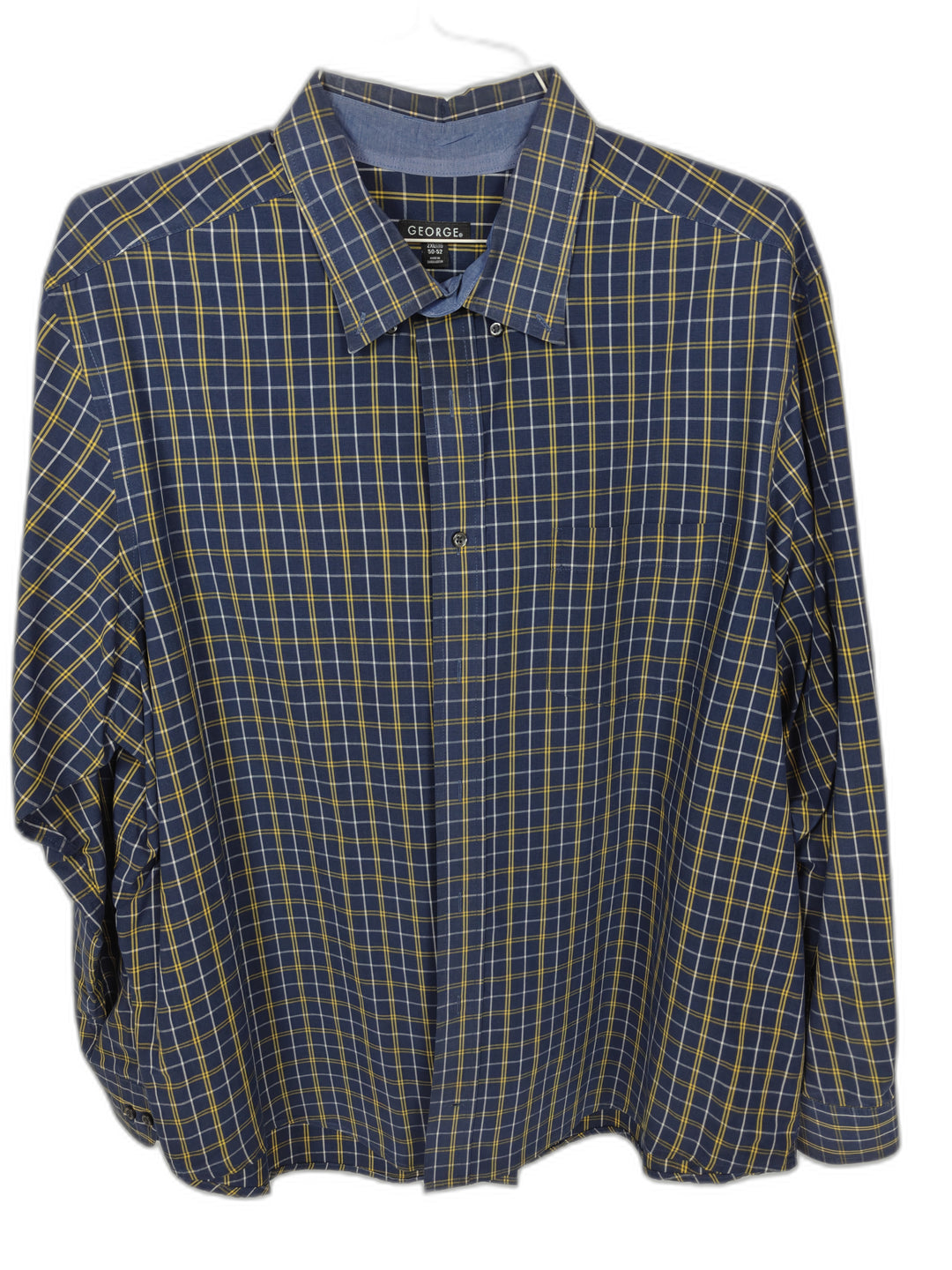 George Men's 2XL Blue Yellow Plaid Button Front Dress Shirt Long Sleeve 50-52
