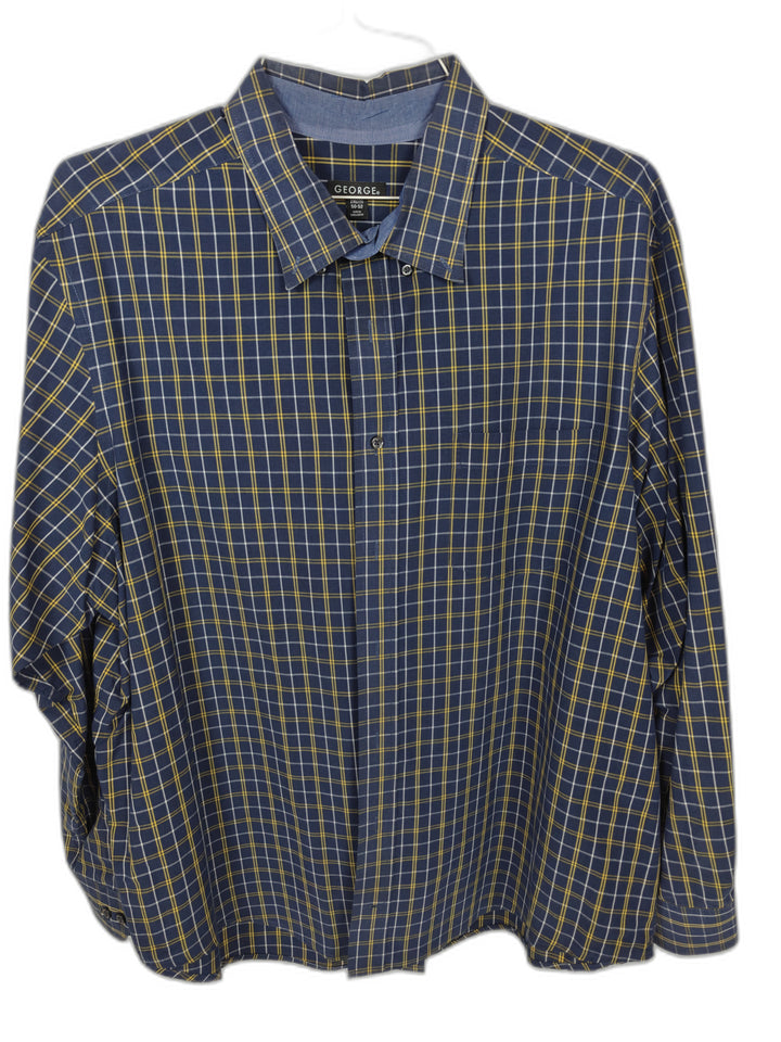 George Men's 2XL Blue Yellow Plaid Button Front Dress Shirt Long Sleeve 50-52
