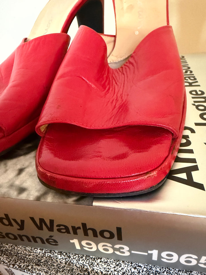 Vintage David Aaron Red Leather Slide Mule Heels Y2K Open Toe Pumps Size 8