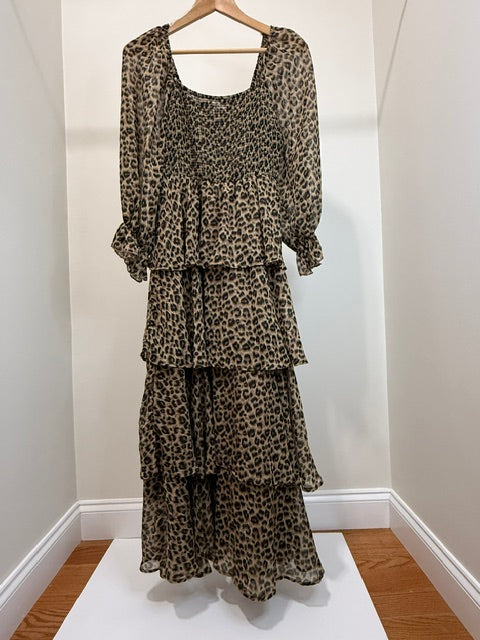 Entro Leopard Print Smocked Tiered Midi Dress SzL
