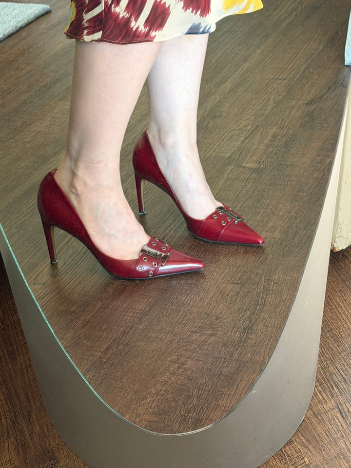 Vintage Christian Dior Red Leather Logo Buckle Pumps 38.5