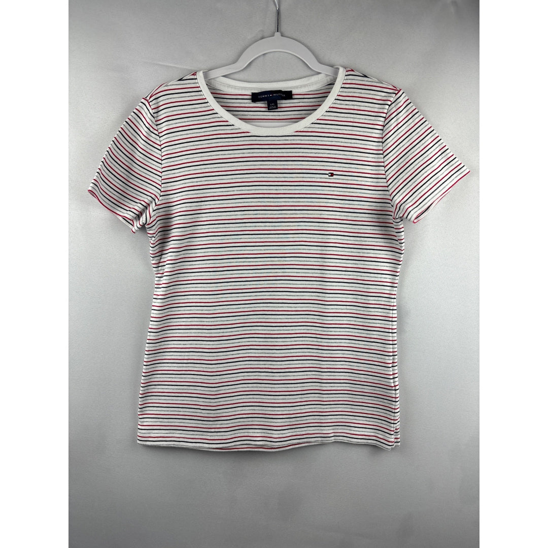 Tommy Hilfiger Womens Striped Crew Neck T-Shirt L/G 100% Cotton White/Red/Black