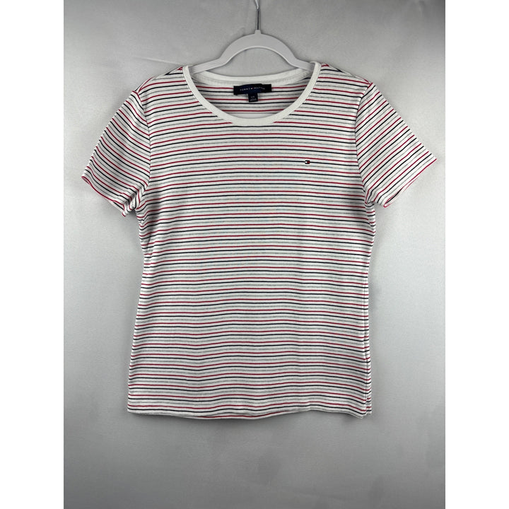 Tommy Hilfiger Womens Striped Crew Neck T-Shirt L/G 100% Cotton White/Red/Black