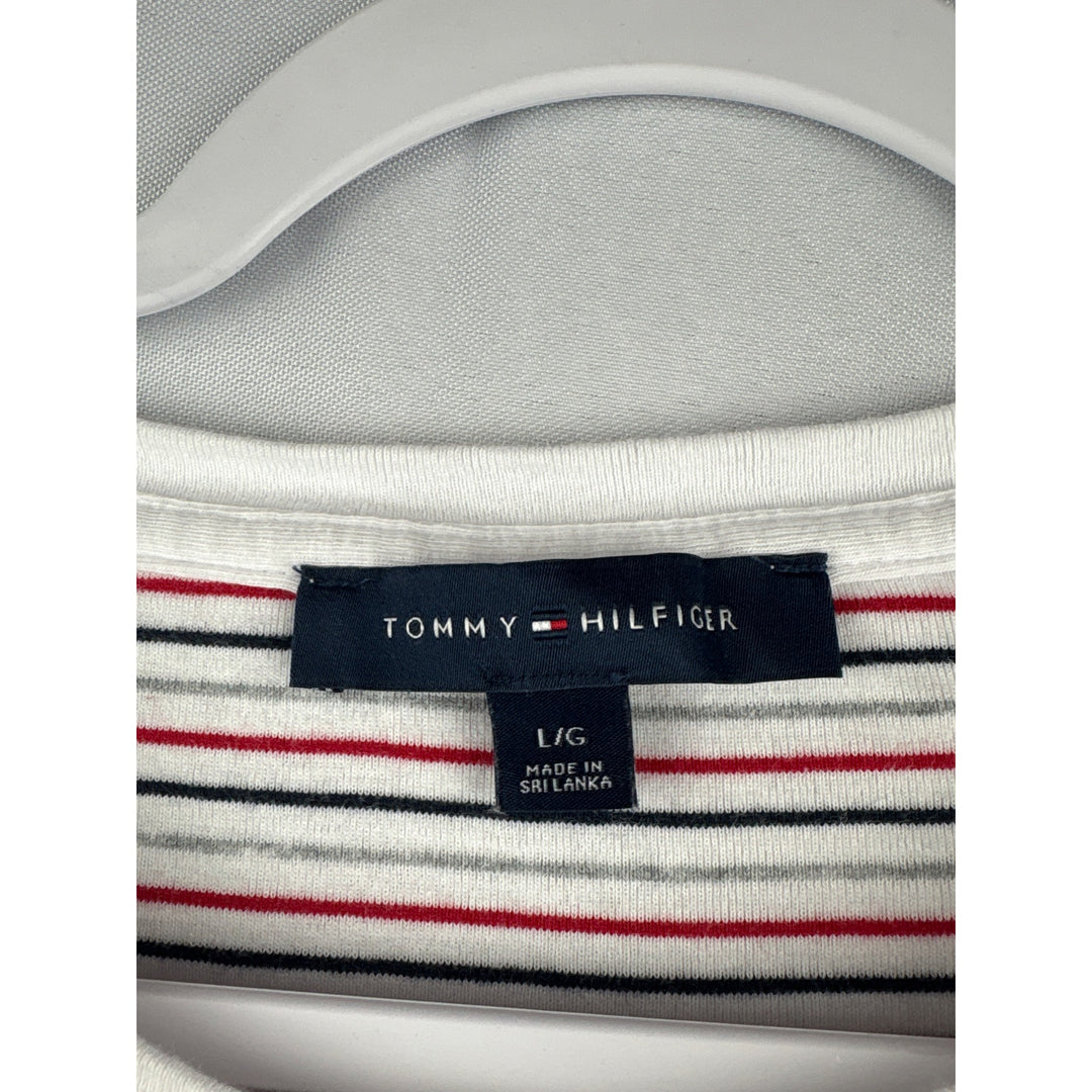 Tommy Hilfiger Womens Striped Crew Neck T-Shirt L/G 100% Cotton White/Red/Black