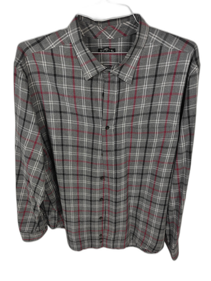 George Men's Gray Red Plaid Button Front Shirt Size 2XL 50-52 Long Sleeve Casual