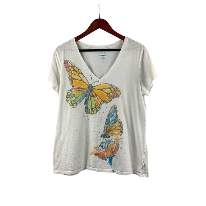 Old Navy X-Large Butterfly Graphic Tee Shirt Womens 100% Cotton Short Sleeve V-Neck White Colorful