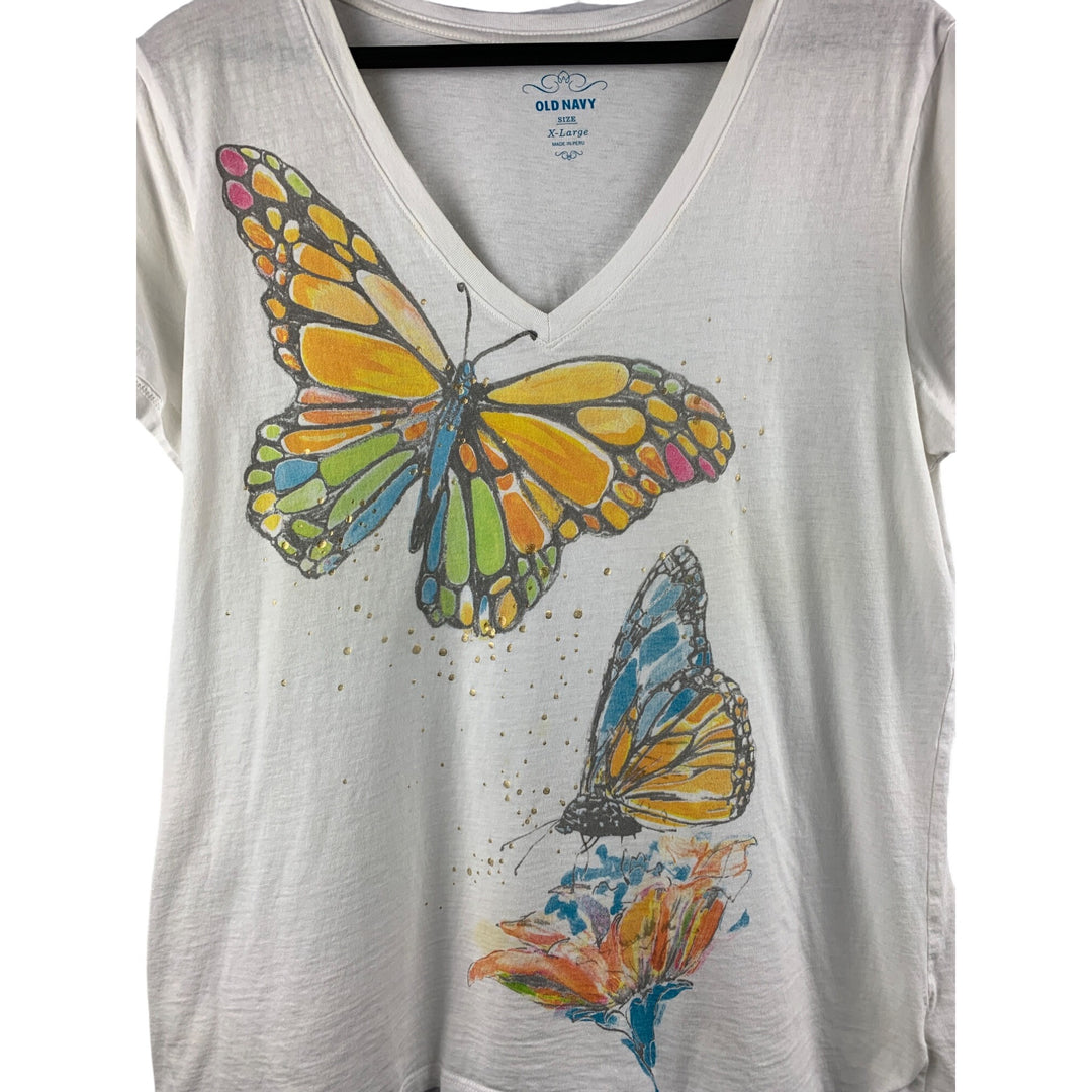 Old Navy X-Large Butterfly Graphic Tee Shirt Womens 100% Cotton Short Sleeve V-Neck White Colorful