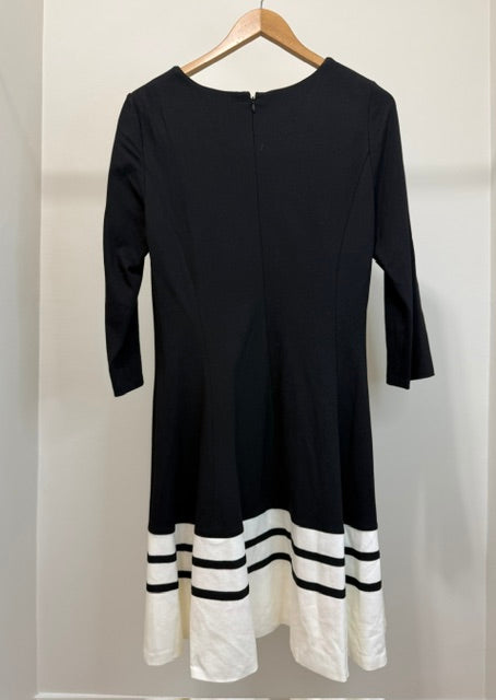 Eliza J Black Fit and Flare Dress Stripe Hem Ponte Knit Sz12