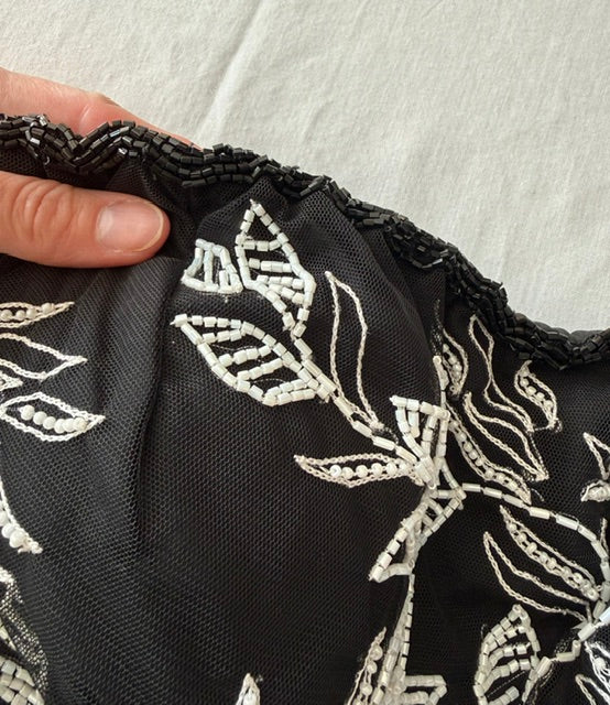 Cache 90s Vintage Strapless Black Mesh Gown w/White Embroidered Beaded Floral Accent SzL