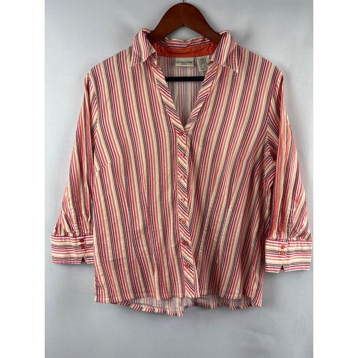 St. Johns Bay Petite Large Striped Button-Up Shirt 3/4 Sleeve Cotton & Spandex Made In China