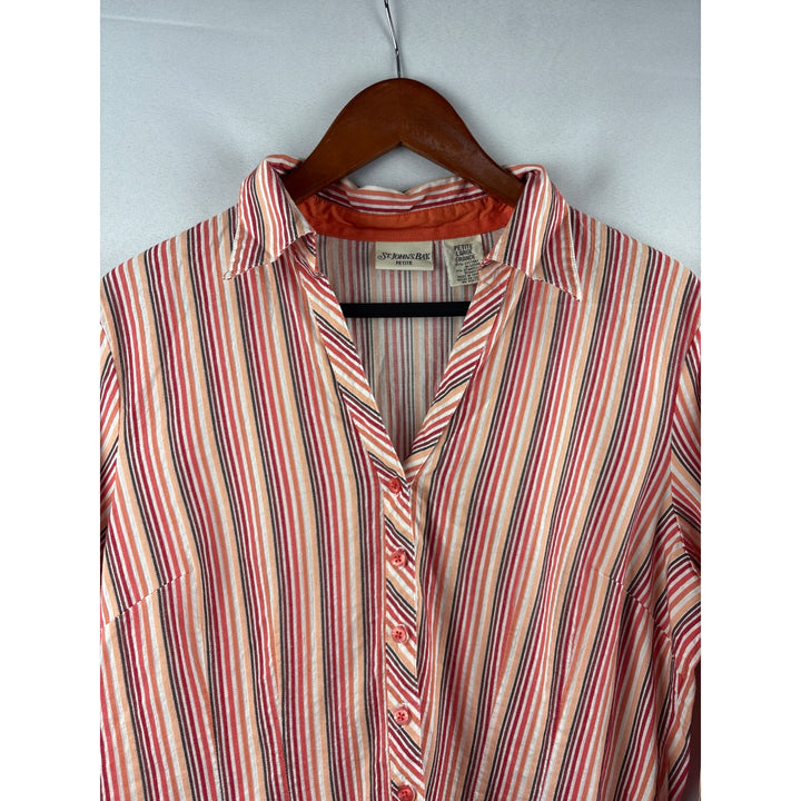 St. Johns Bay Petite Large Striped Button-Up Shirt 3/4 Sleeve Cotton & Spandex Made In China
