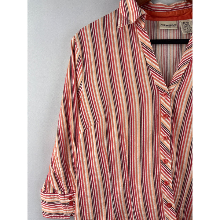St. Johns Bay Petite Large Striped Button-Up Shirt 3/4 Sleeve Cotton & Spandex Made In China