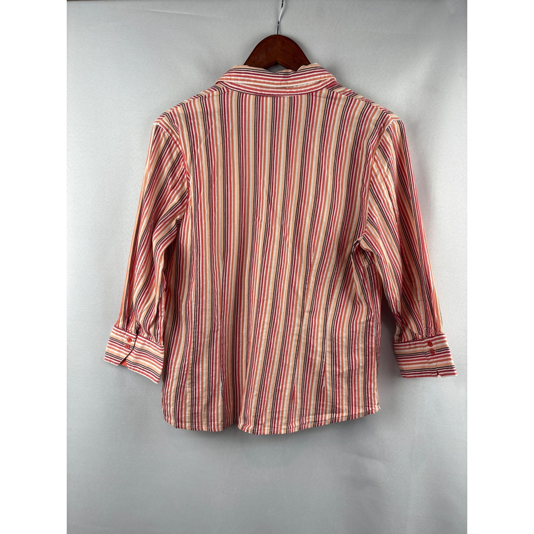 St. Johns Bay Petite Large Striped Button-Up Shirt 3/4 Sleeve Cotton & Spandex Made In China
