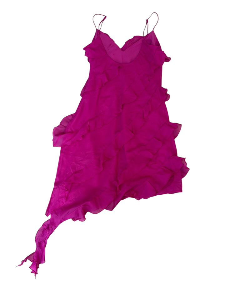 Abercrombie & Fitch Women's Fuchsia Barbie Pink Adjustable Straps Ruffle Asymmetrical Hem Mini Dress, size S