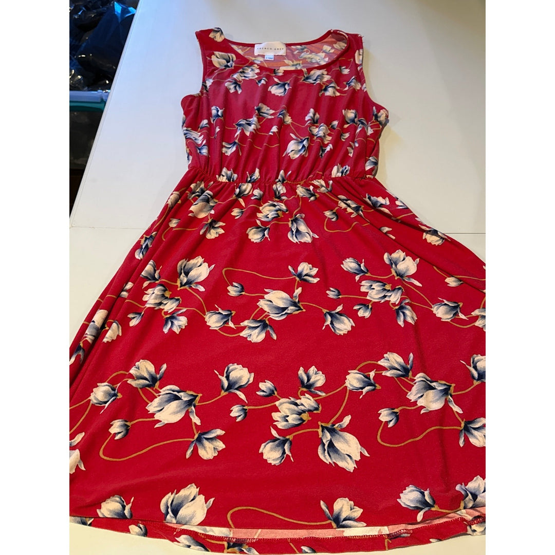 French Grey Red Floral Sundress Sleeveless Size M