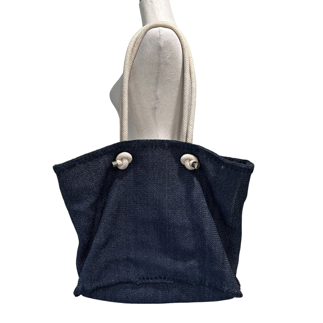 Tory Burch Knotted Whale Beach/Pool Tote Handbag Purse Blue Canvas Nautical Preppy Whimsical Vacatio