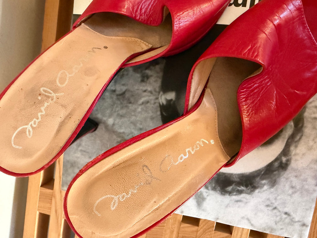Vintage David Aaron Red Leather Slide Mule Heels Y2K Open Toe Pumps Size 8