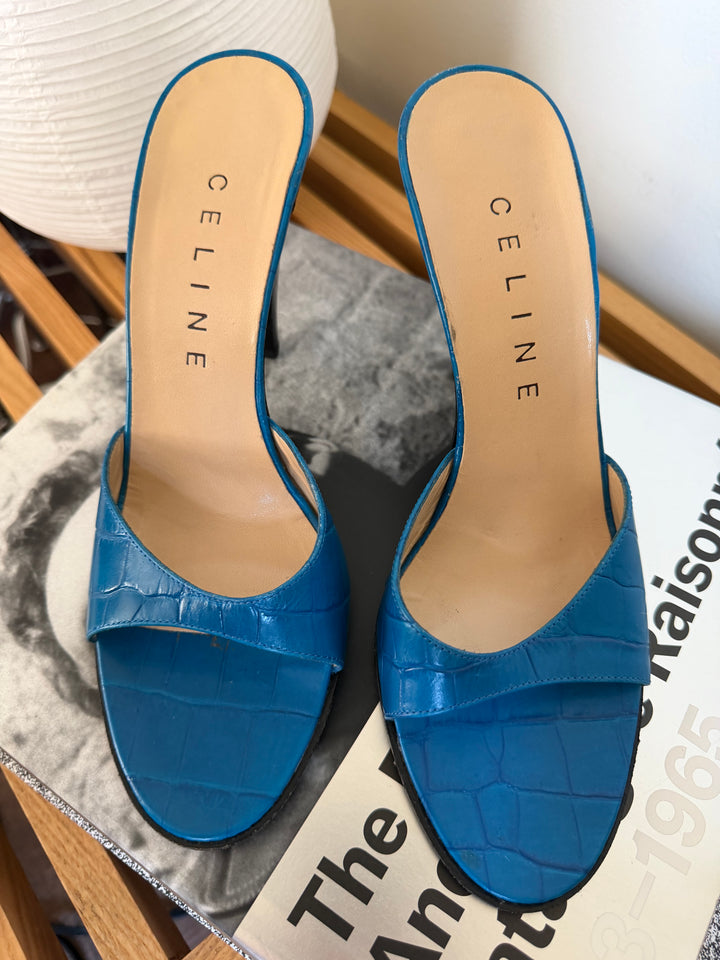 Vintage Celine Blue Croc Embossed Leather Heeled Mules 38.5