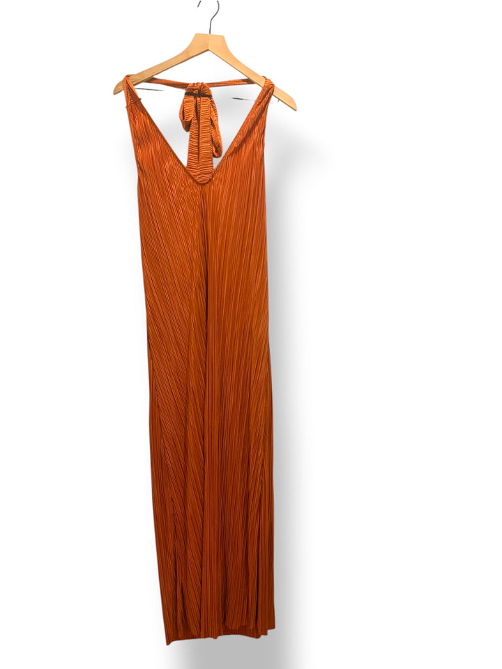 ASOS DESIGN Burnt Orange Pleated Halter Maxi Dress Size L 70s Disco Retro