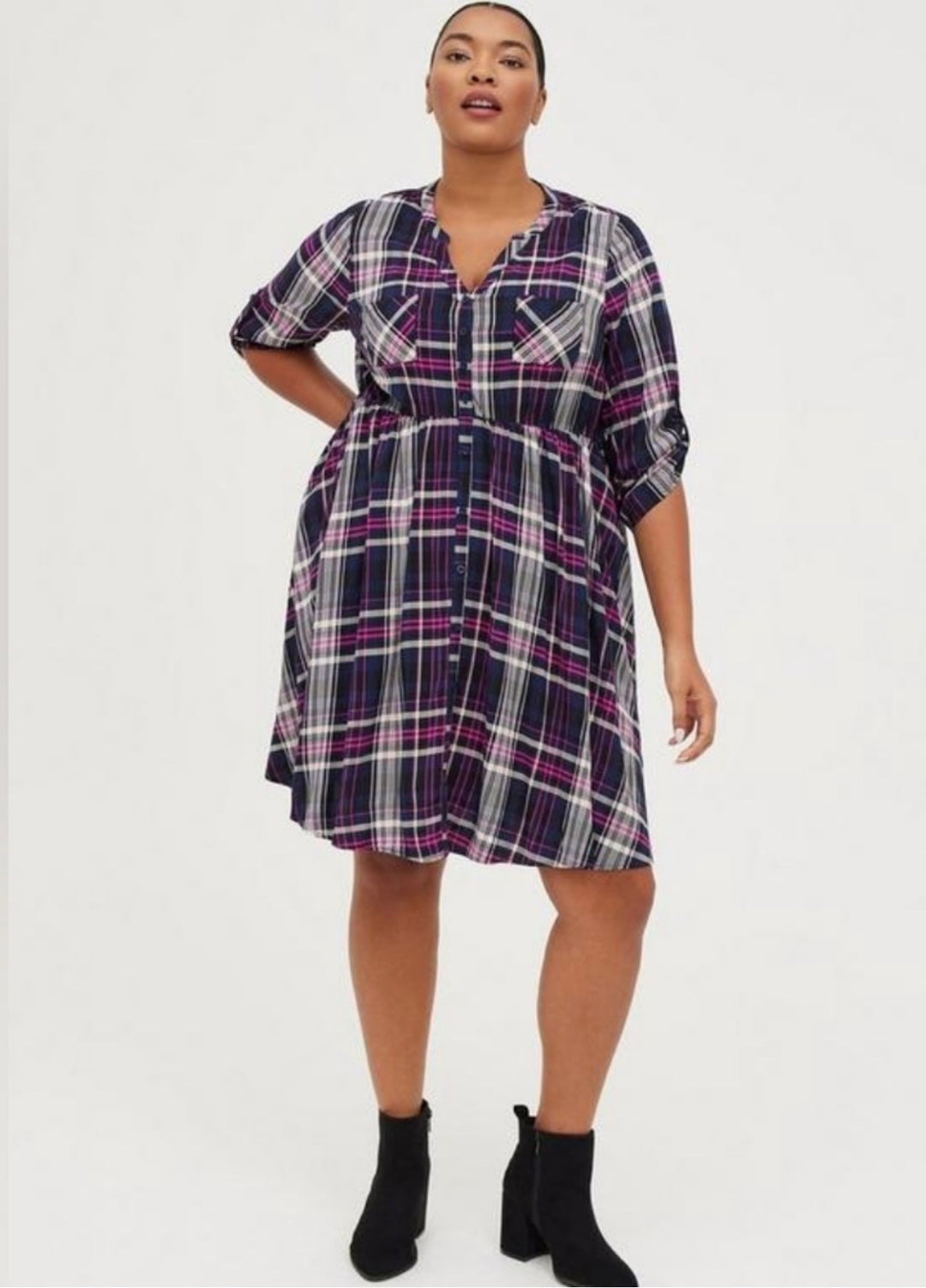 Torrid Plaid Mini Challis Button‑Front Shirt Dress Sz1X(14–16) NWT