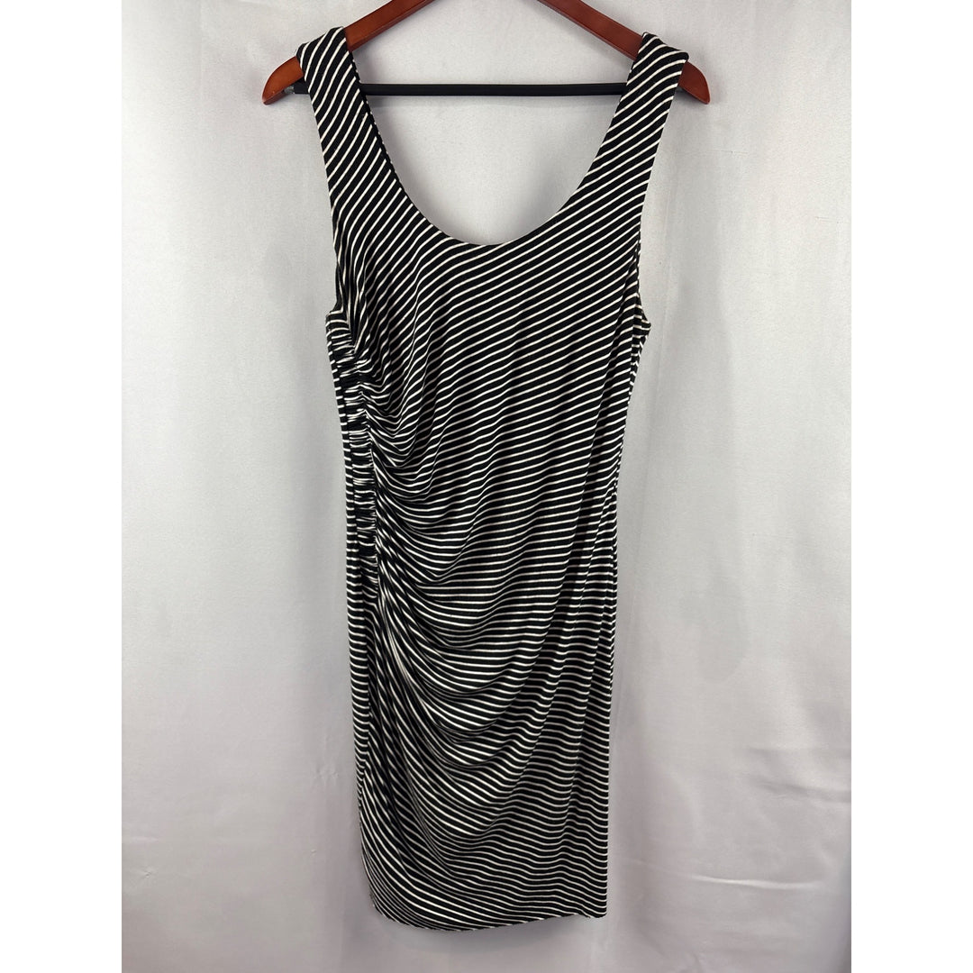 Bailey/44 Black & White Striped Ruched Sleeveless Dress Large