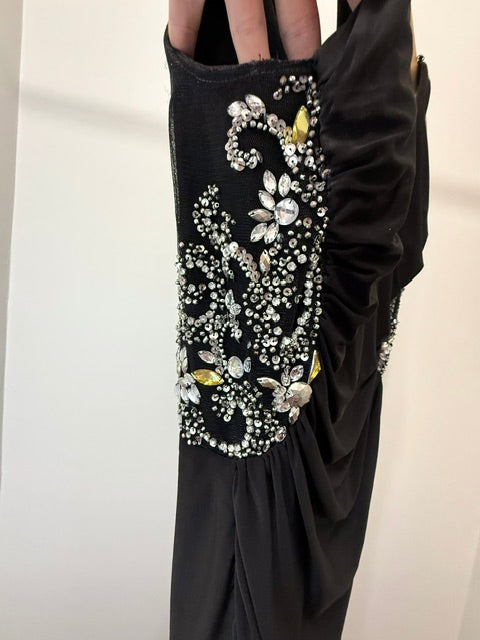 Black Ruched Metallic Jewel Evening Gown Fits Sz4–8