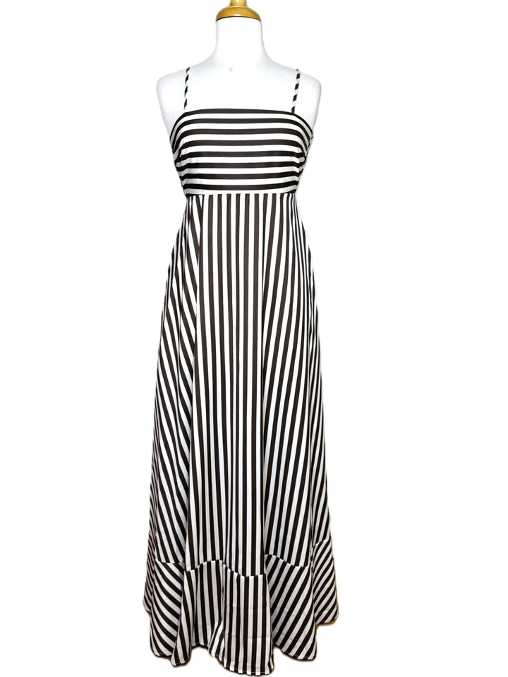 Women's Brown & White Striped Spaghetti Strap Satin Maxi Dress, Ruffled Hem, Size Small