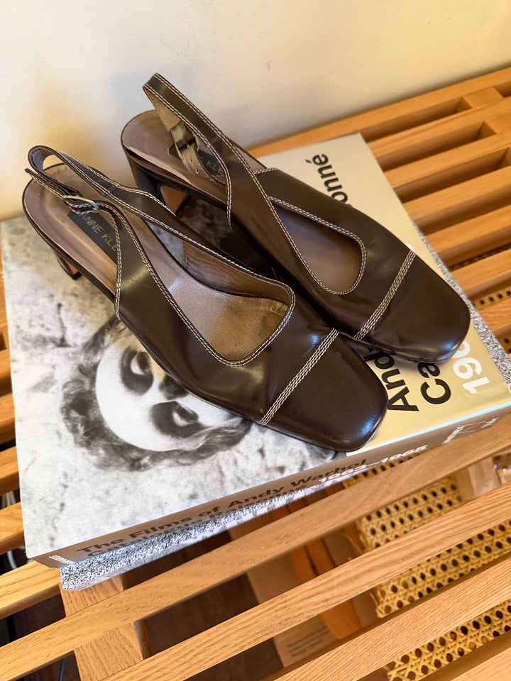 Vintage Anne Klein Brown Leather Slingback Heels Size 8