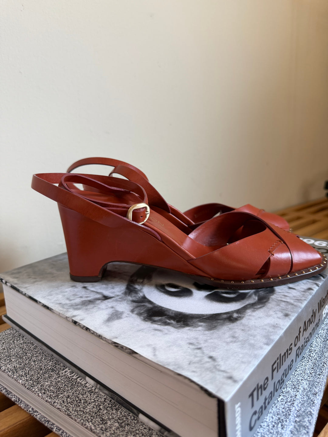 Louis Vuitton Brown Leather Studded Wedge Sandals Size 38.5